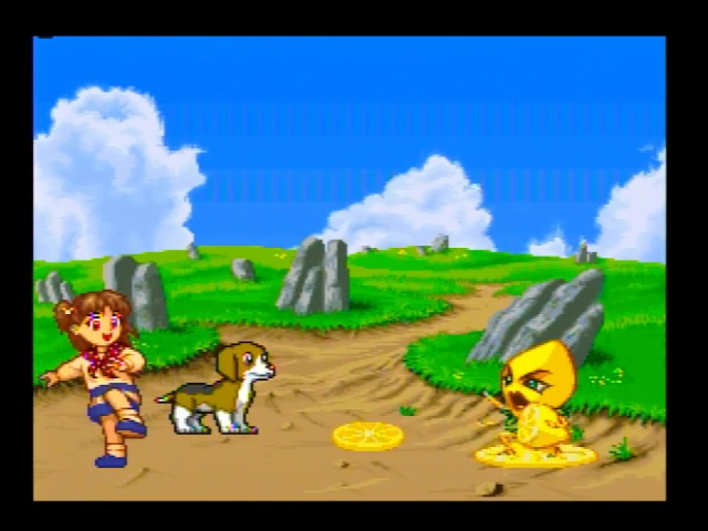 Wanwan Aijou Monogatari gameplay. The girl is excited as a lemon wedge attacks her
