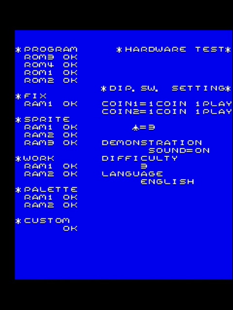 Sky Soldiers bootup text, white text on black. PROGRAM: ROM3 OK, ROM4 OK, ROM1 OK, ROM2 OK. FIX: RAM1 OK, SPRITE: RAM1 OK, RAM2 OK, RAM3 OK. WORK: RAM1 OK, RAM2 OK. PALETTE: RAM1 OK, RAM2 OK. CUSTOM: OK