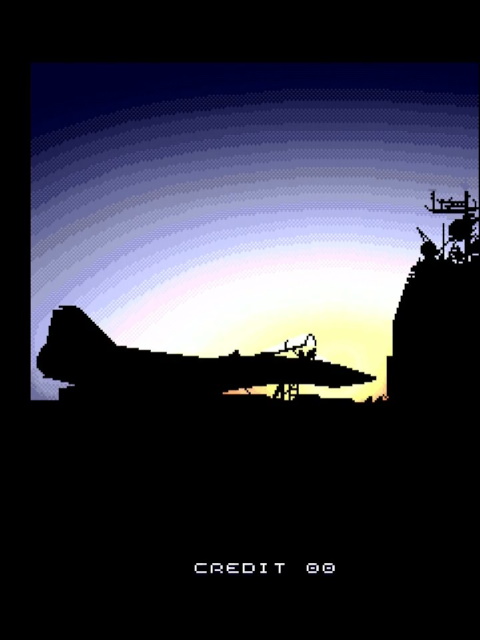 Sky Soldiers attract mode showing a silhouette of a plane against the sunset. CREDIT 00 is at the bottom of the screen