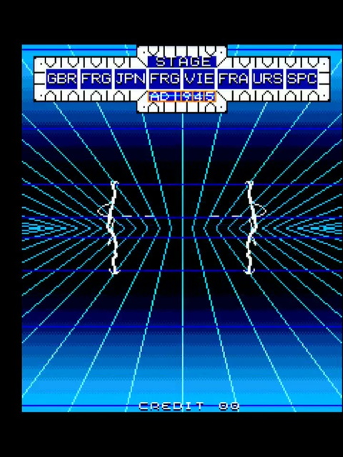 Sky Soldiers gameplay showing a time travel screen with a blue grid and white lightning bolts. At the top of the screen the date is set to A.D. 1945