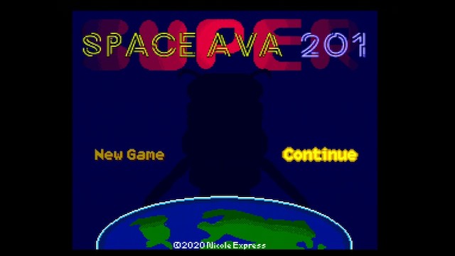 A screenshot of Space Ava 201 running with enhanced SuperGrafx features used to write SUPER behind the title