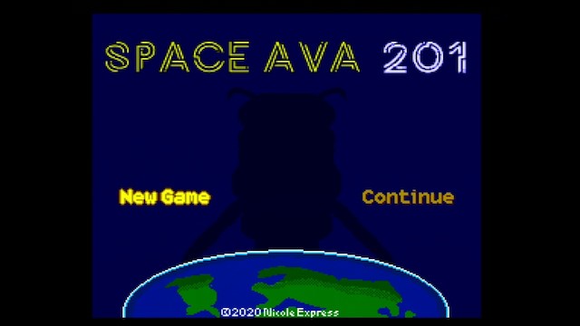 The title screen of Space Ava 201, a female figure looming ominously over a flat earth