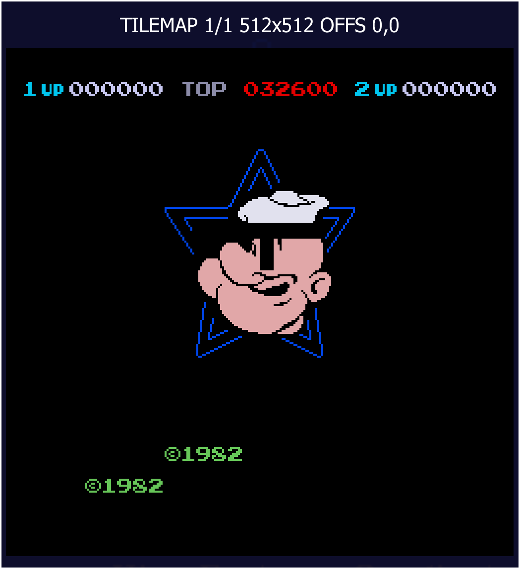 Popeye tilemap for titlescreen. Parts of his face and the copyright year are visible, the rest is blacked out.