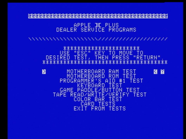 Apple II diagnostics running on an Apple IIgs showing a menu