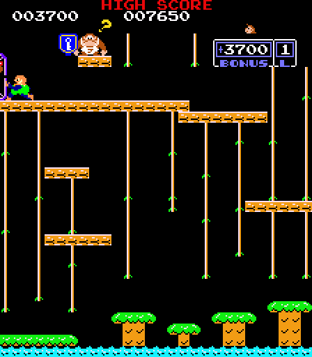 Donkey Kong Jr. end of level with Donkey Kong Jr. having a question mark, but Quasimodo rather than Mario pushes