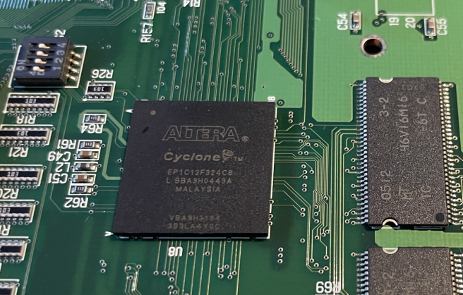 The Altera Cyclone FPGA chip on the board