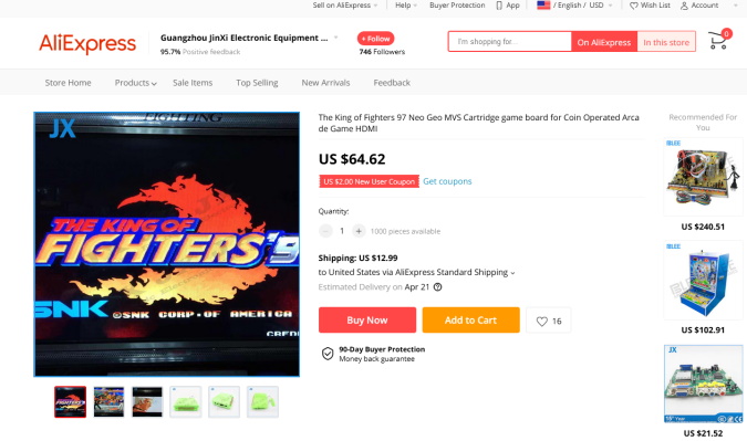 An AliExpress listing for a JAMMA board containing King of Fighters 97. This one promises HDMI.