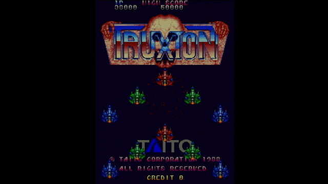 Taito's Truxton's title screen, compressed to a reduced resolution since this is a vertical game
