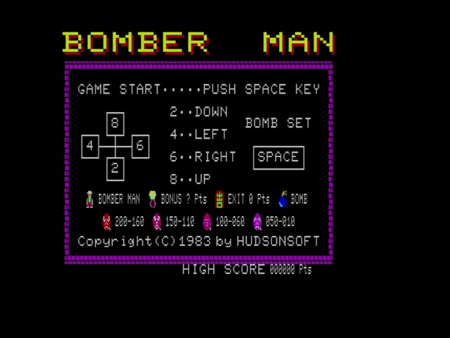 Bomber Man Title Screen on FM-8, showing controls