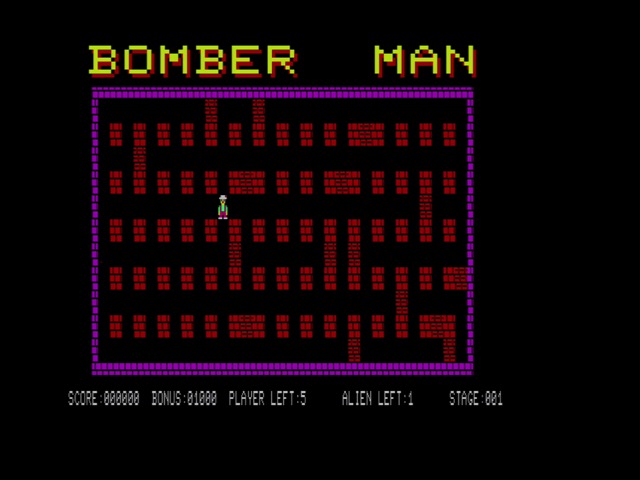 Bomber Man level start. A grid of bricks and our little man