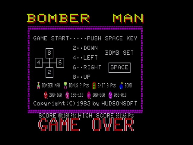Bomber Man game over, the title screen but with GAME OVER