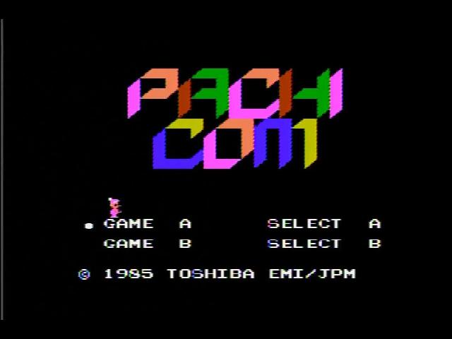 Pachi-com title screen. Otherwise stark black, but with a rainbow title
