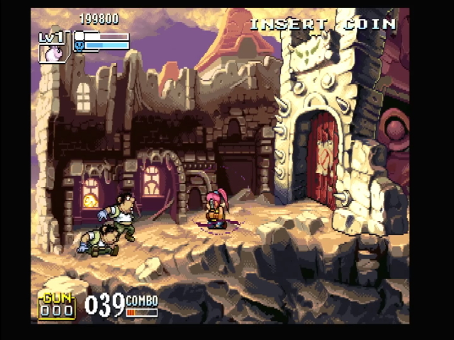 Demon Front gameplay. A pink-haired girl in a bubble kneels in a desert