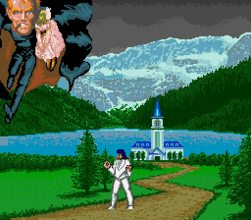 Haunted Castle screen, Dracula kidnaps the protagonist's wife, but Contra character Bill's head is photoshopped on top of Dracula