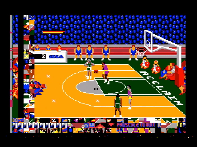 NBA Jam TE running on the Master System. Colorful characters surrounded by colorful glitch tiles