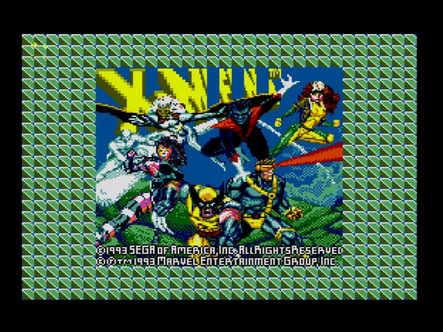 X-Men title screen. The logo rises behind the characters, but it's glitchy