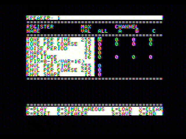 Apple II Mockingboard register control. Registers listed are Tone Per Fine, Tone Per Coarse, Noise Period, Enable, Amplitude, Envl Per Fine, Envl Per Coarse, and Envl Shape