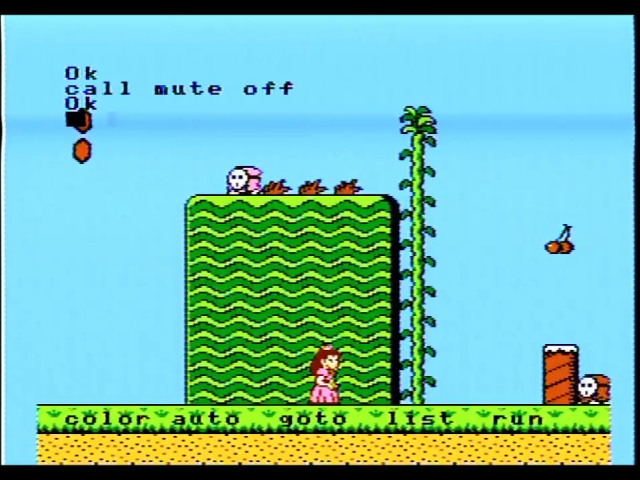 MSX-BASIC prompt overlaid on top of Super Mario USA gameplay