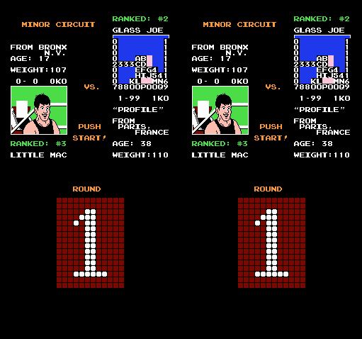 Little Mac is seen on the nametable, but his trainer is a sprite and his opponent is numbers