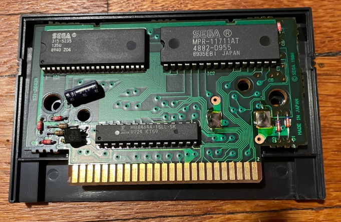 The master system game Phantasy Star, with three chips. The battery is on the back