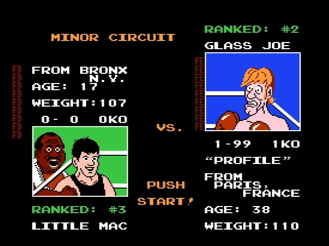 Little Mac and Glass Joe compare stats, with FD and FE blocking out parts of the screen
