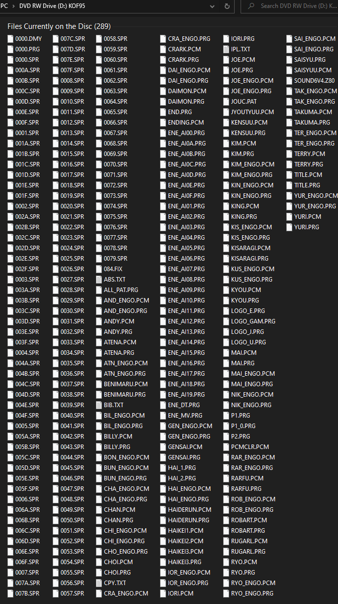 Files on the King of Fighters 95 disk; there's quite a lot!