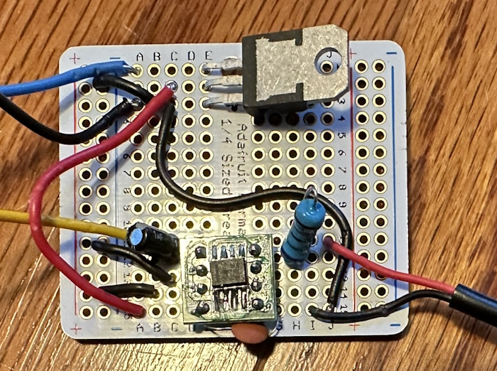 Small circuit soldered to a tiny breadboard