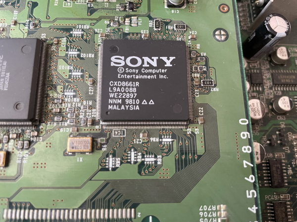 A Sony chip on a pale green circuit board