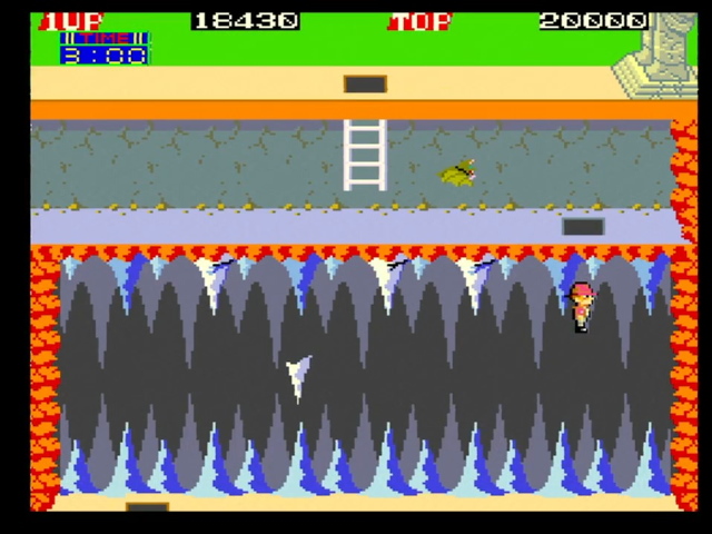 Pitfall II arcade gameplay. Pitfall Harry falls through a hole in the floor