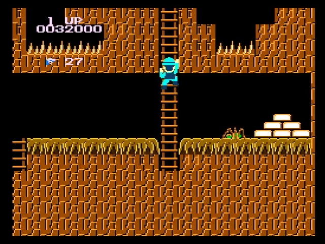 Super Pitfall gameplay. Pitfall Harry climbs a ladder next to a big stack of gold bricks