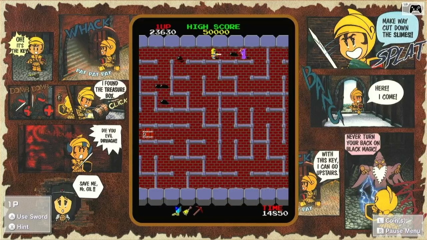 Tower of Druaga on Nintendo Switch port. The game is in rotated mode and shows a maze of grey walls and a knight in gold on a brick floor. It is surrounded by cartoons of the knight going through the tower.