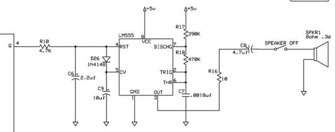 Schematic of the speaker. A single bit controls a 555 timer
