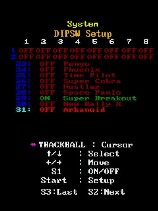 A list of games ON or OFF, along with dip switches