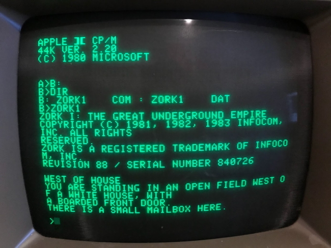 Zork for CP/M, running on an Apple II