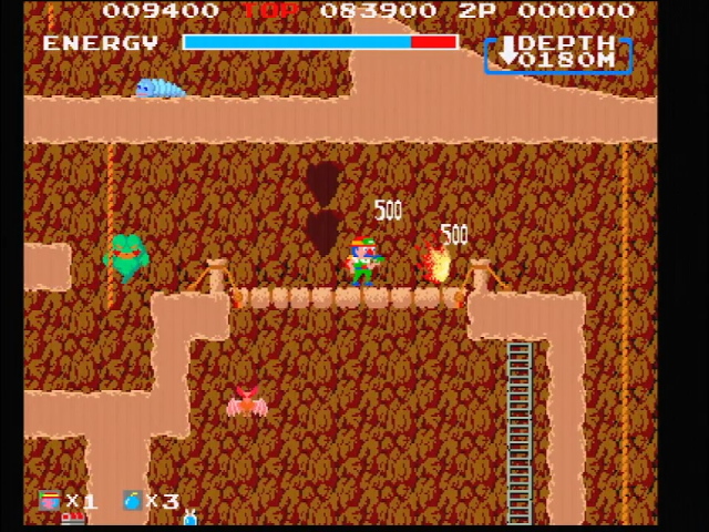 Spelunker arcade gameplay. Spelunker guy shoots an enemy that explodes in a fireball
