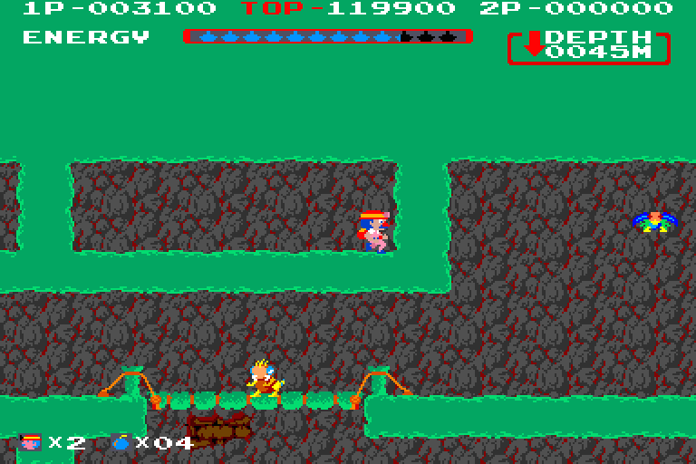 Spelunker II gameplay. The dude is abiding in a small enclosed green box