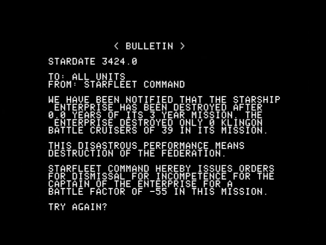 Star Trek death screen in BASIC on the Apple II. I killed 0 Klingons in 0 stardates and the federation is now doomed