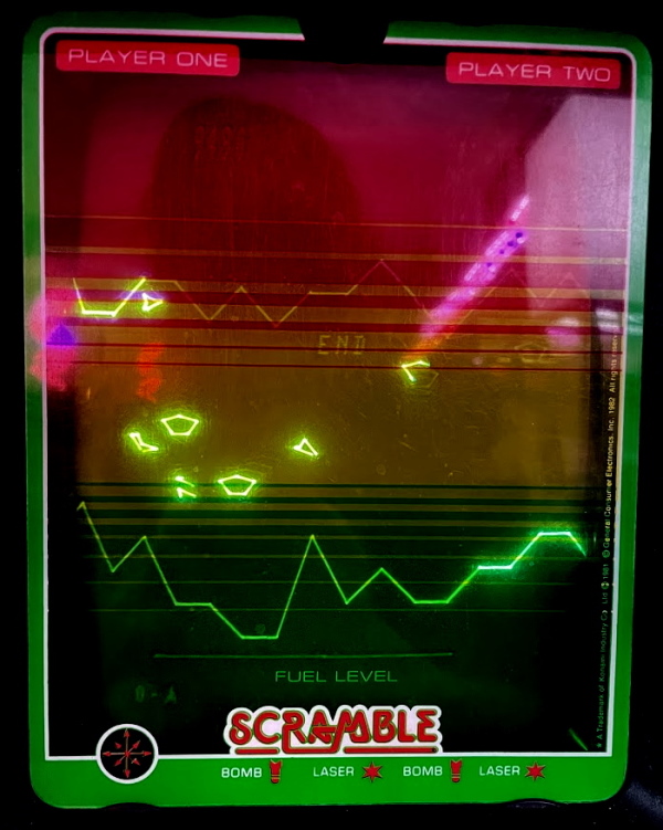 Scramble on Vectrex. The player has died, and 'END' is displayed