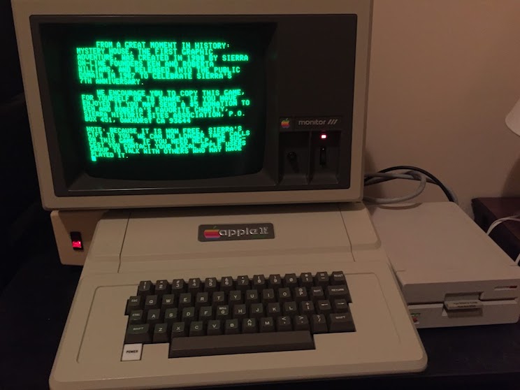 The Apple II, plugged into a greenscreen monitor