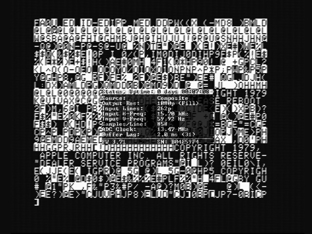 Apple II video screen, with a bunch of garbage text
