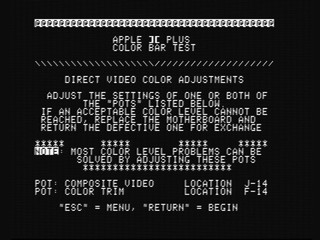 Apple II diagnostics running the menu and they are not in color