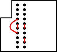 Two rows of pin headers, showing connections with red lines