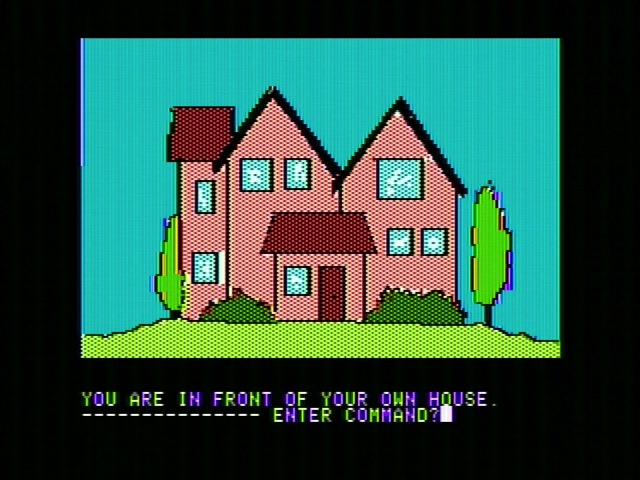 YOU ARE IN FRONT OF YOUR OWN HOUSE. Underneath an image of a house, from the Apple II game TIME ZONE.