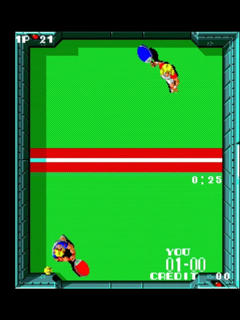 Paddle Mania gameplay. Two characters face off on a grassy court, each holding an oversized ping-pong paddle