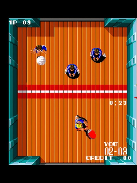 Paddle Mania gameplay. The character in the lower half the screen is the same as before, but on the top half are three volleyball players. The one on the right reaches out to hit the ball, which is a volleyball.