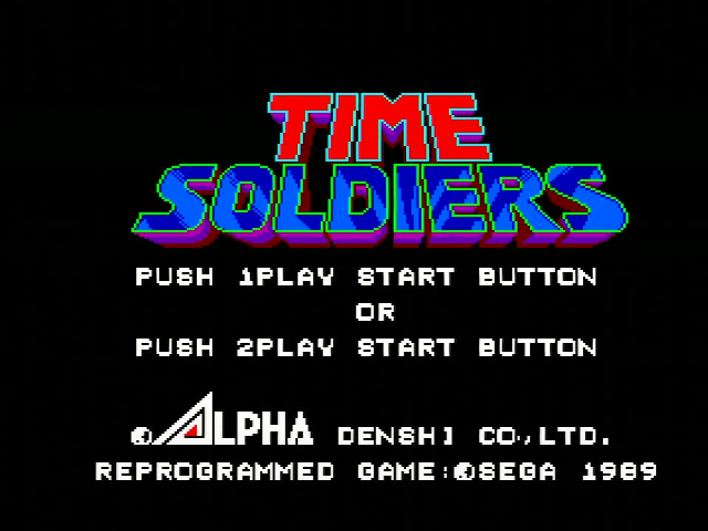 Time Soldiers title screen on Sega Master System. A large Alpha logo exists.