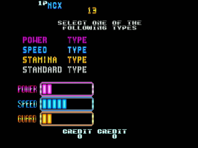 A stats screen. POWER, SPEED, and GUARD are shown, and the player is asked to choose between POWER TYPE, SPEED TYPE, STAMINA TYPE, STANDARD TYPE characters