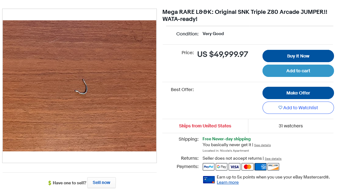 An ebay listing for the removed jumper. It is a 'Buy it now' at $49,999.97