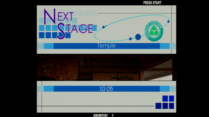 Prematch scene in KOF XI, showing a Temple stage upcoming