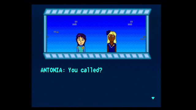 A screenshot of Space Ava 201, wherein Ava is confronted by Antonia, a woman in a blue beret
